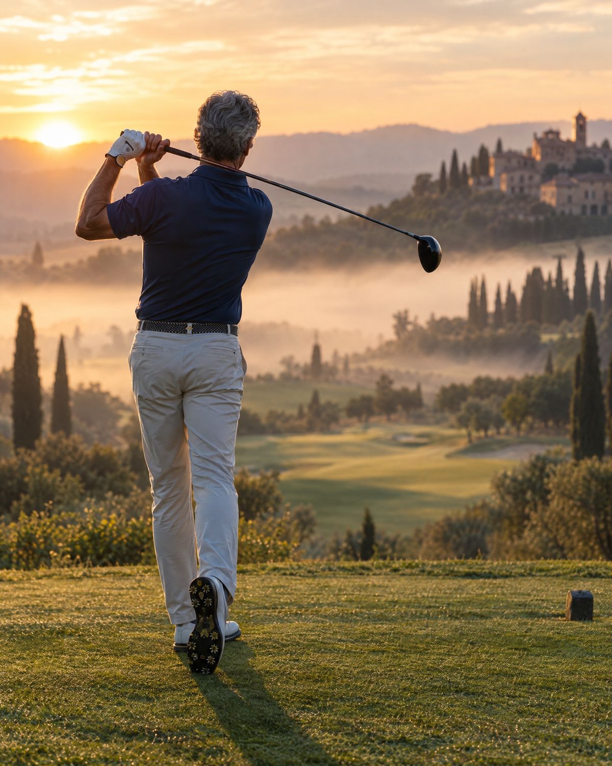 Golfista al tee di partenza nella luce del mattino
